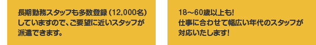 長期勤務スタッフも多数登録（12,000名）していますので、ご要望に近いスタッフが派遣できます。・18～60歳以上も！仕事に合わせて幅広い年代のスタッフが対応いたします！